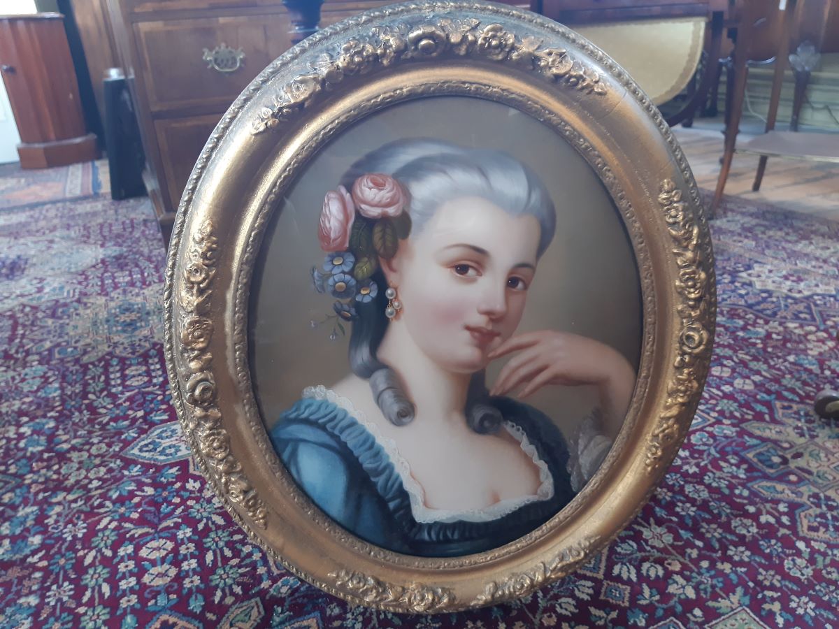 19th century French, reverse painting on glass. Portrait of a lady.